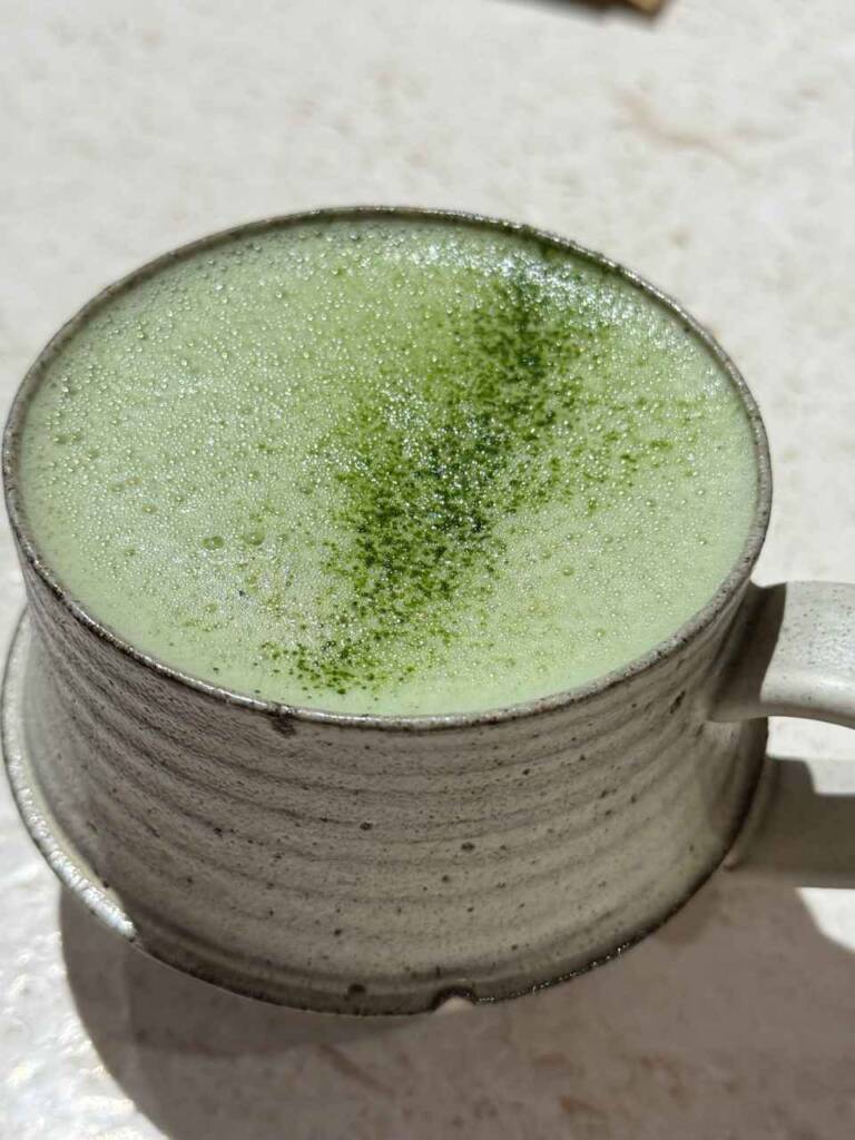 這款熱的綠拿鐵在點的時候很猶豫，特地問老闆:會不會有很濃的菜味？老闆說喝起來像抹茶牛奶。真的!好奇妙的風味!
— 在 Gaia Flow 全植料理。