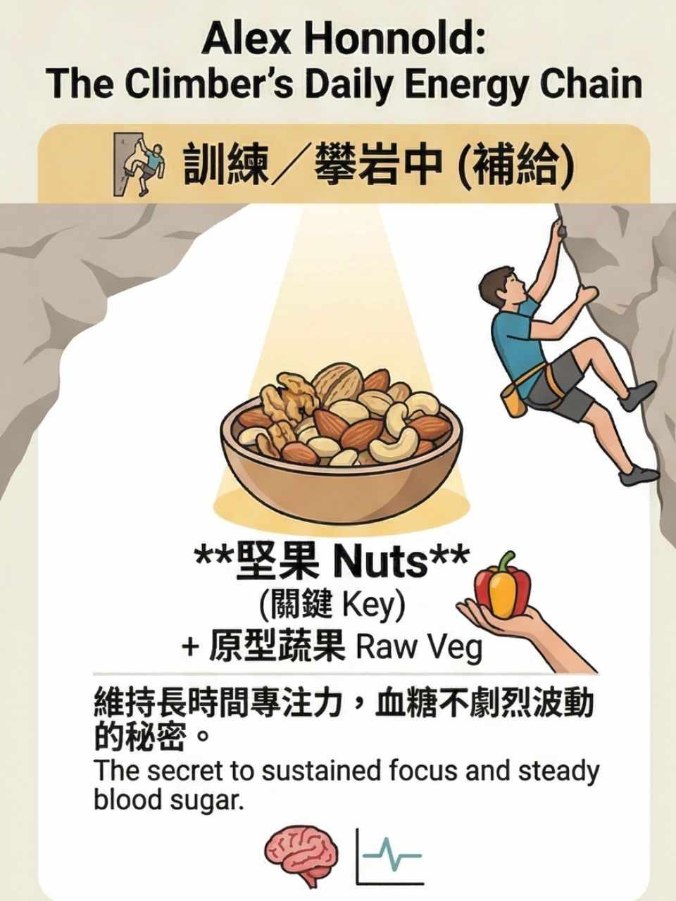 徒手攀登101的Alex Honnold，他的一日飲食真的非常簡單。真的是一個很自律的人啊！